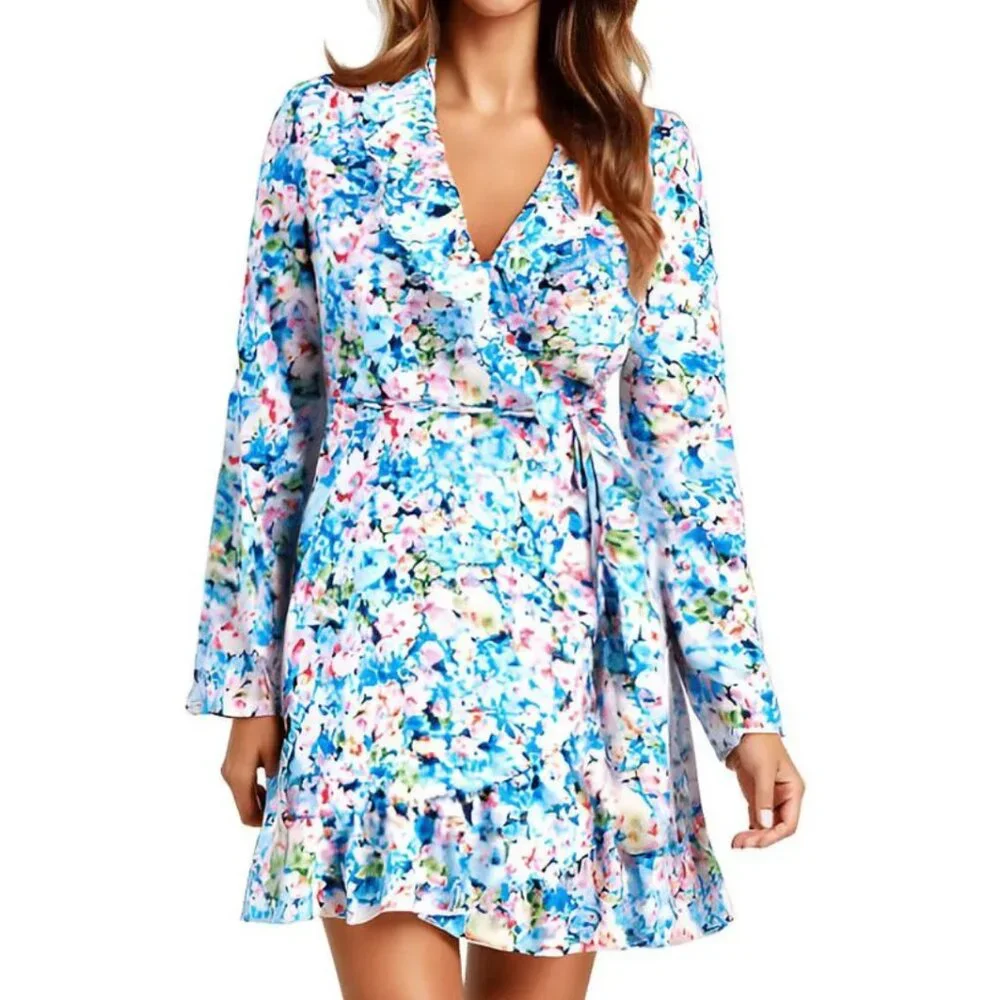 NWOT Bar III Women's Blue Floral-Print Ruffled Tie-Waist Wrap Dress